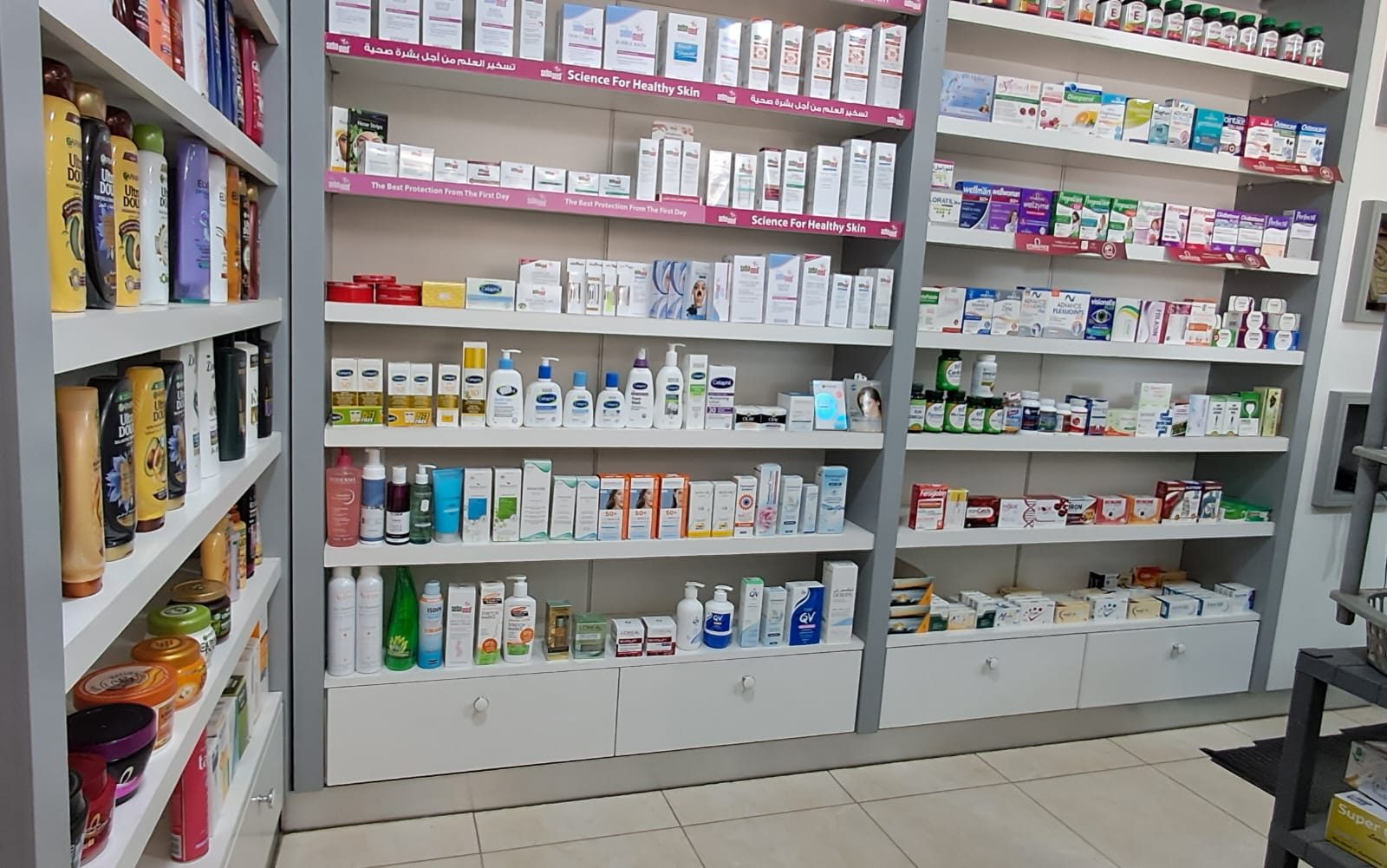 Wide view of stocked interior shelving units